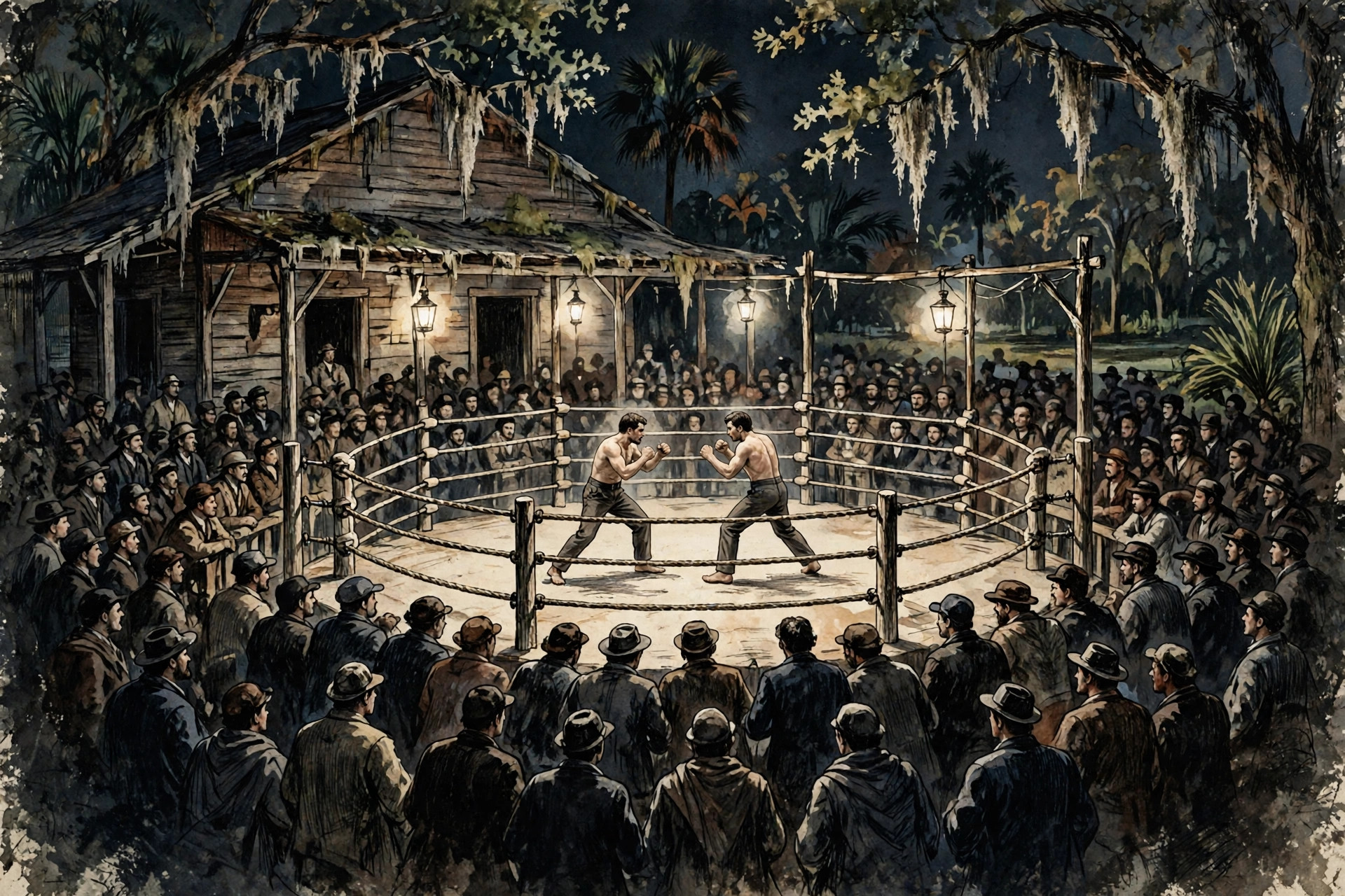 Two bare-knuckle fighters in the round ring at Clearwater.