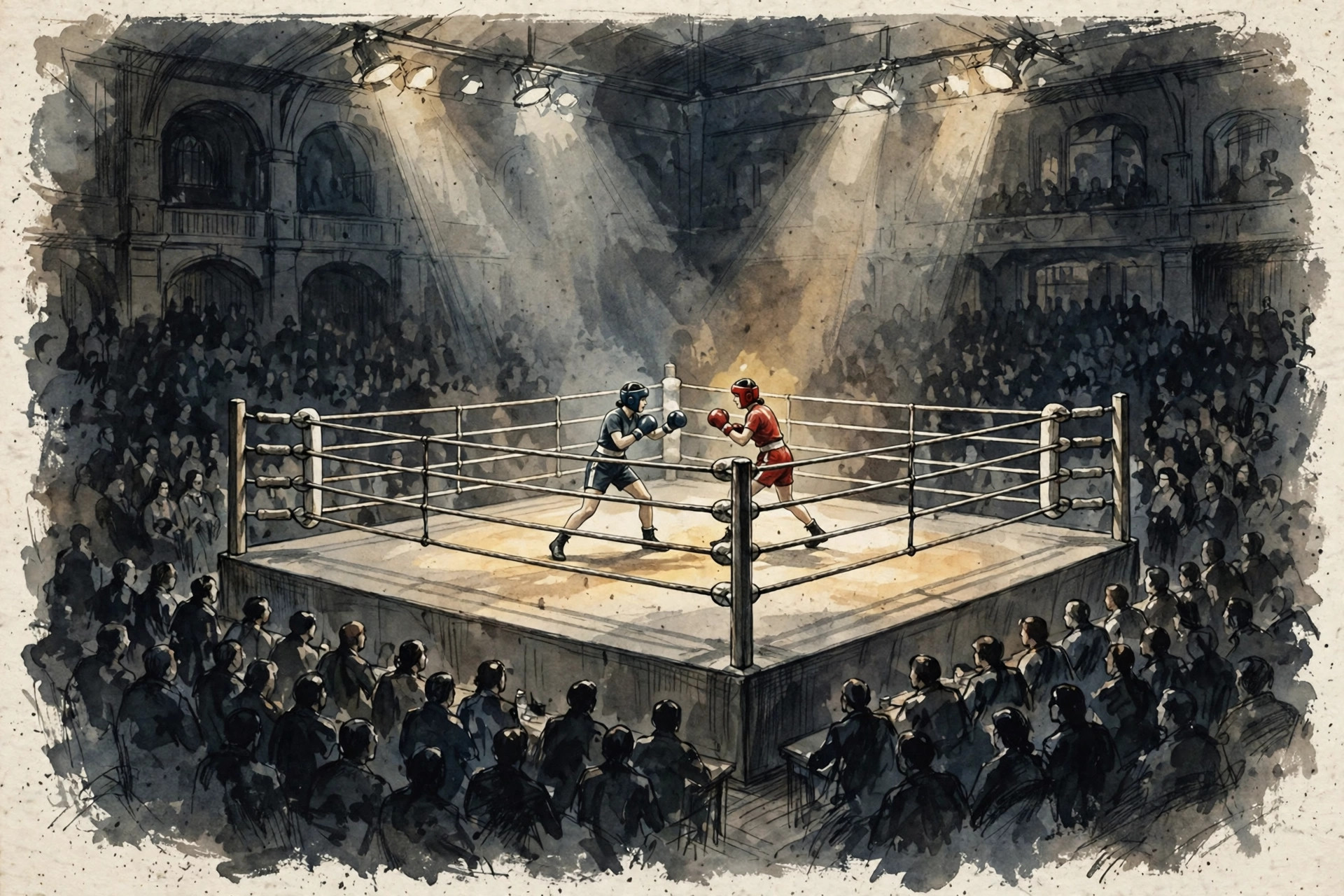 Two women boxers in the ring under the lights in London.