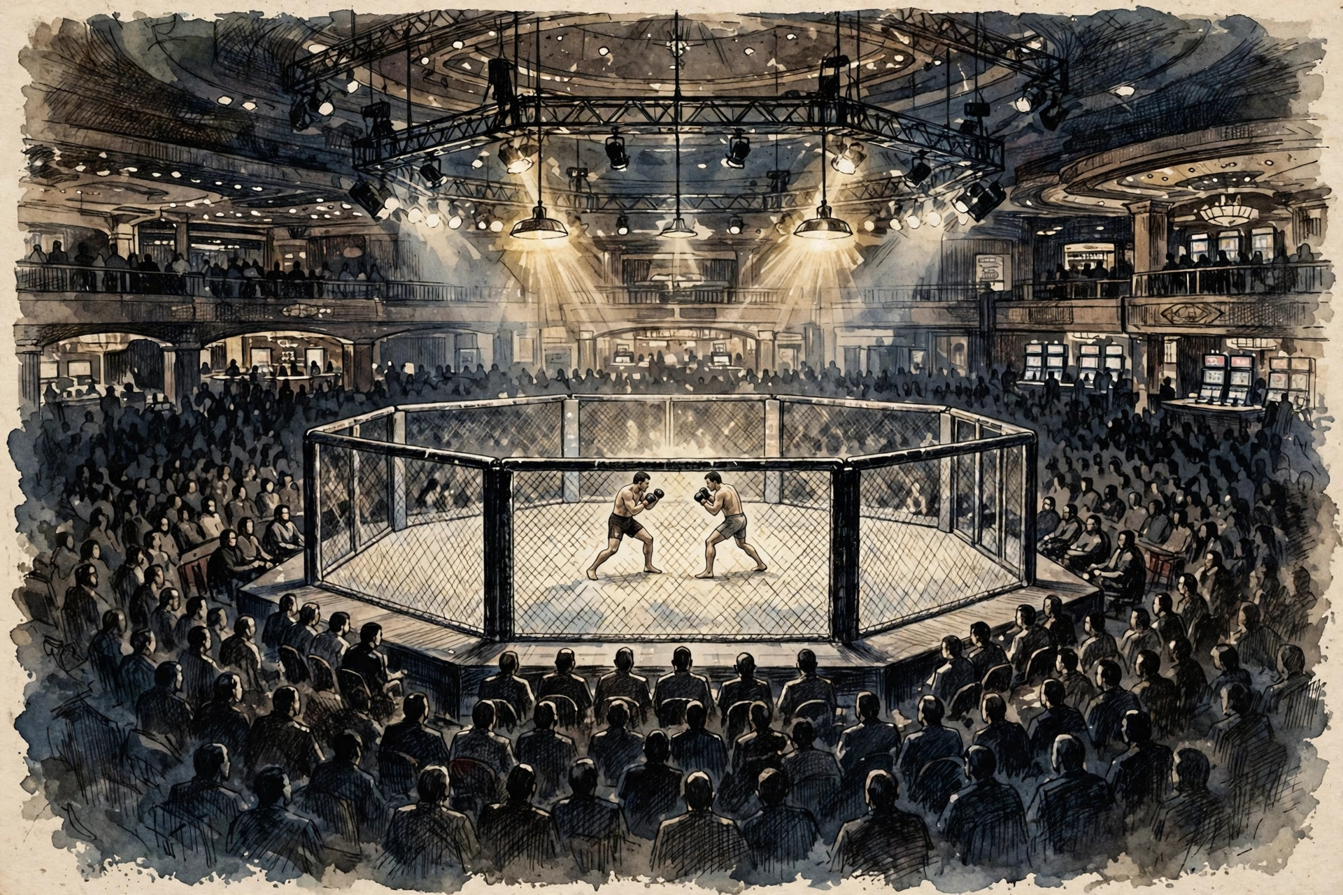 Two fighters in the cage under the lights at Foxwoods.