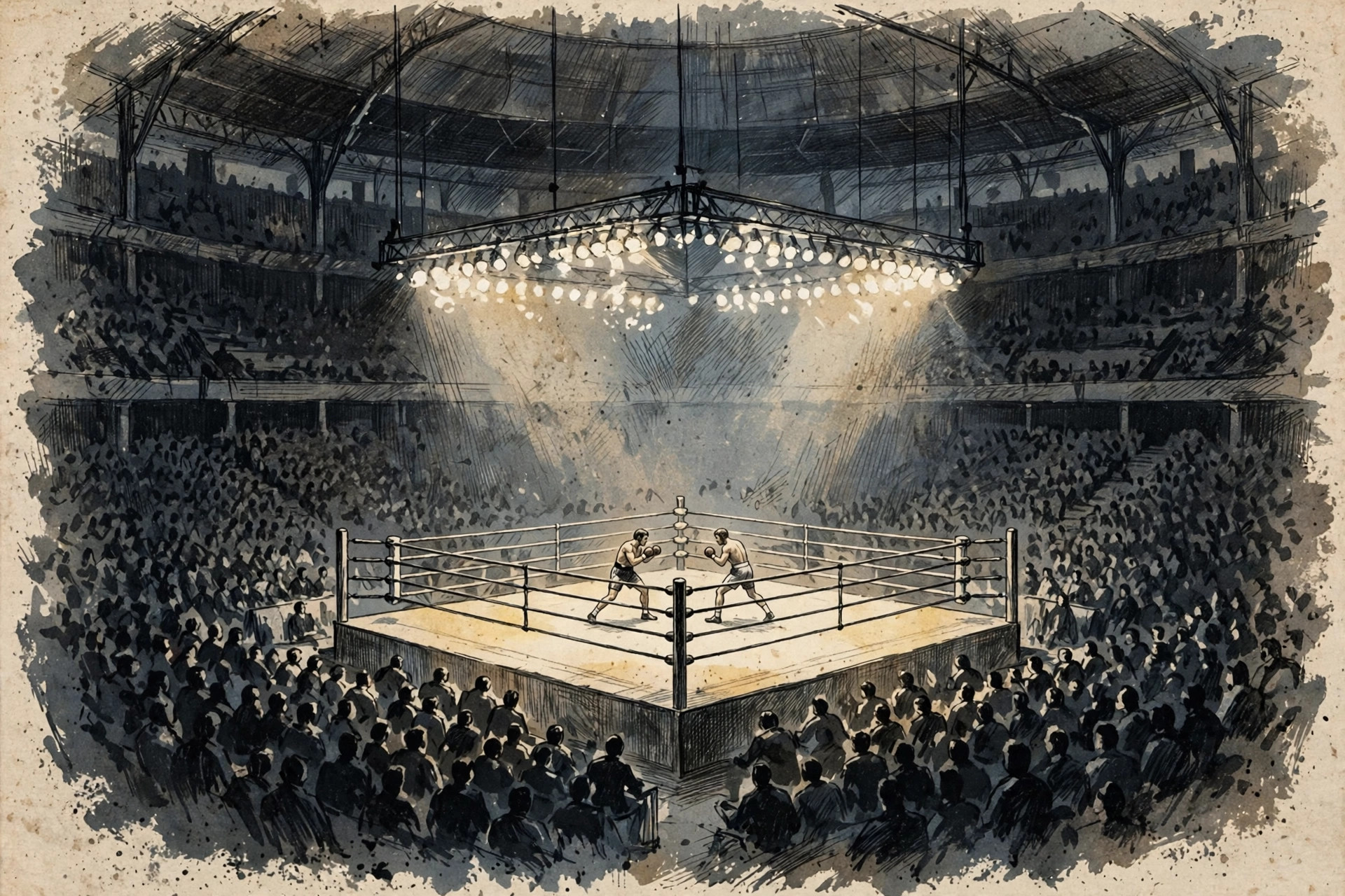 Two boxers in the ring under the lights at a championship fight in San Antonio.