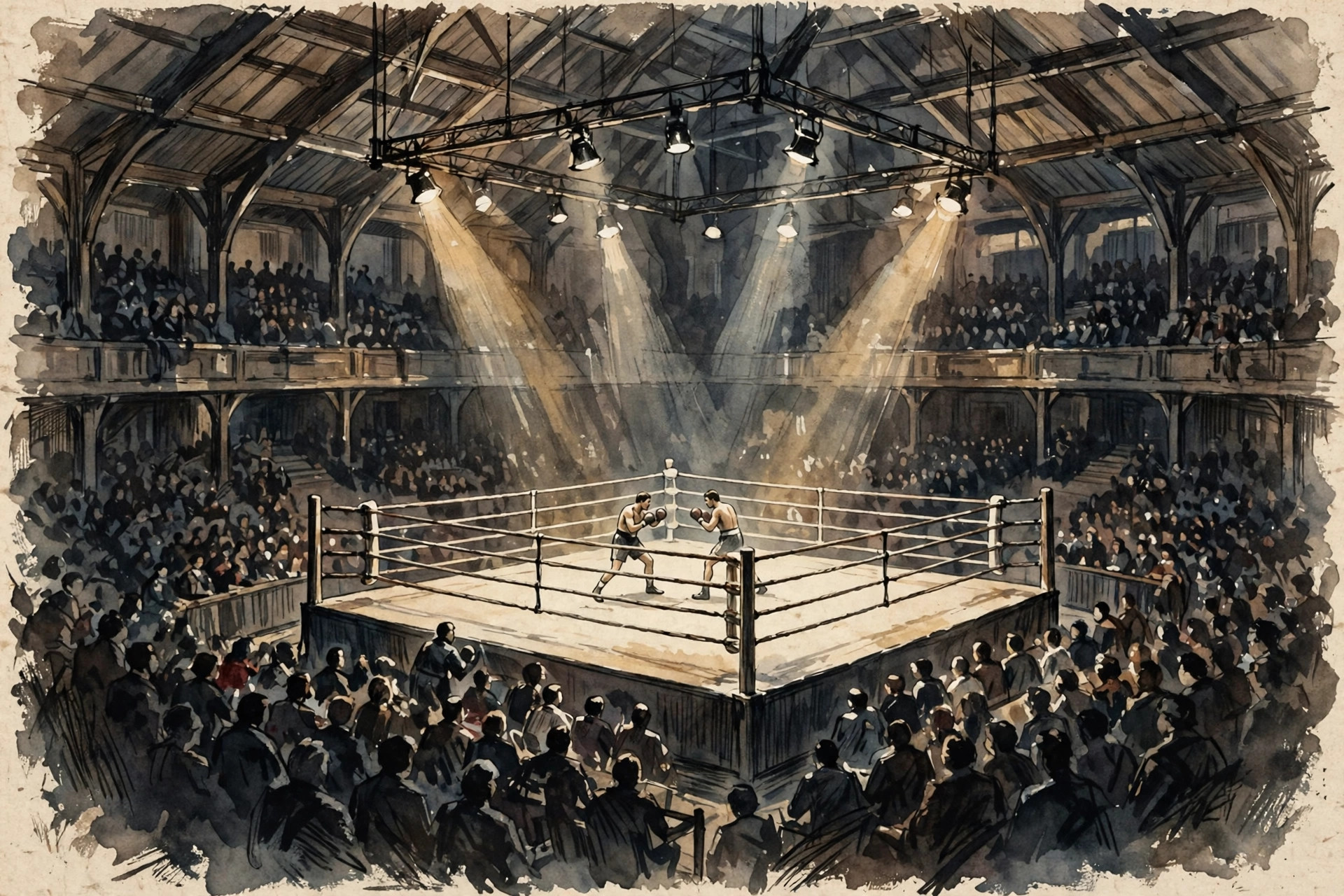 Two boxers in the ring under the lights at a championship fight in Sheffield.