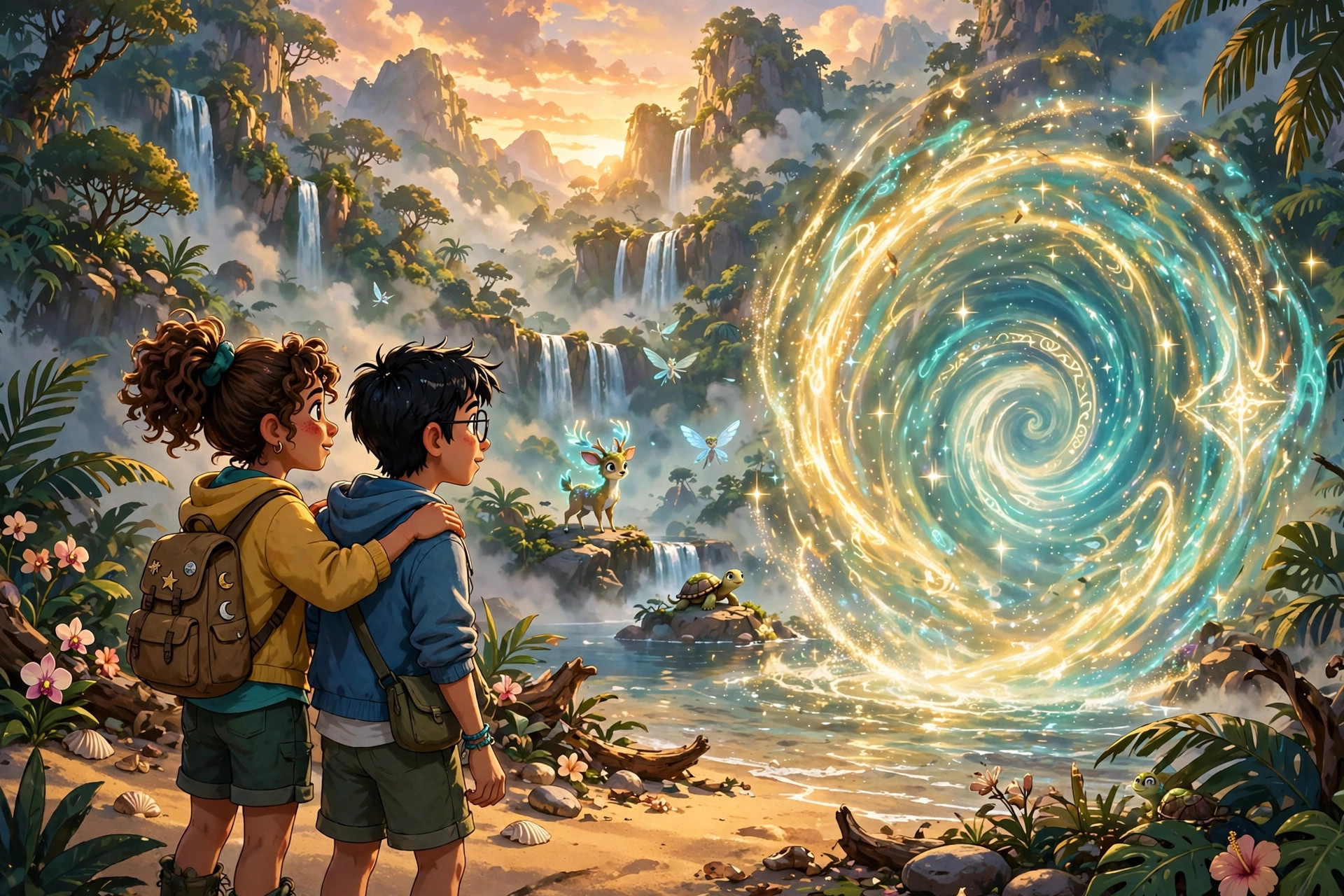 An illustration of two friends on a tropical island shore before a glowing portal.