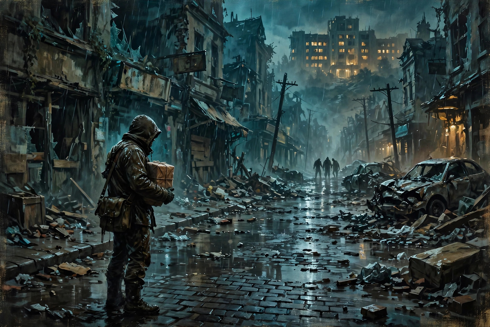 An illustration of a courier holding a package in a ruined city street, a hospital in the distance.