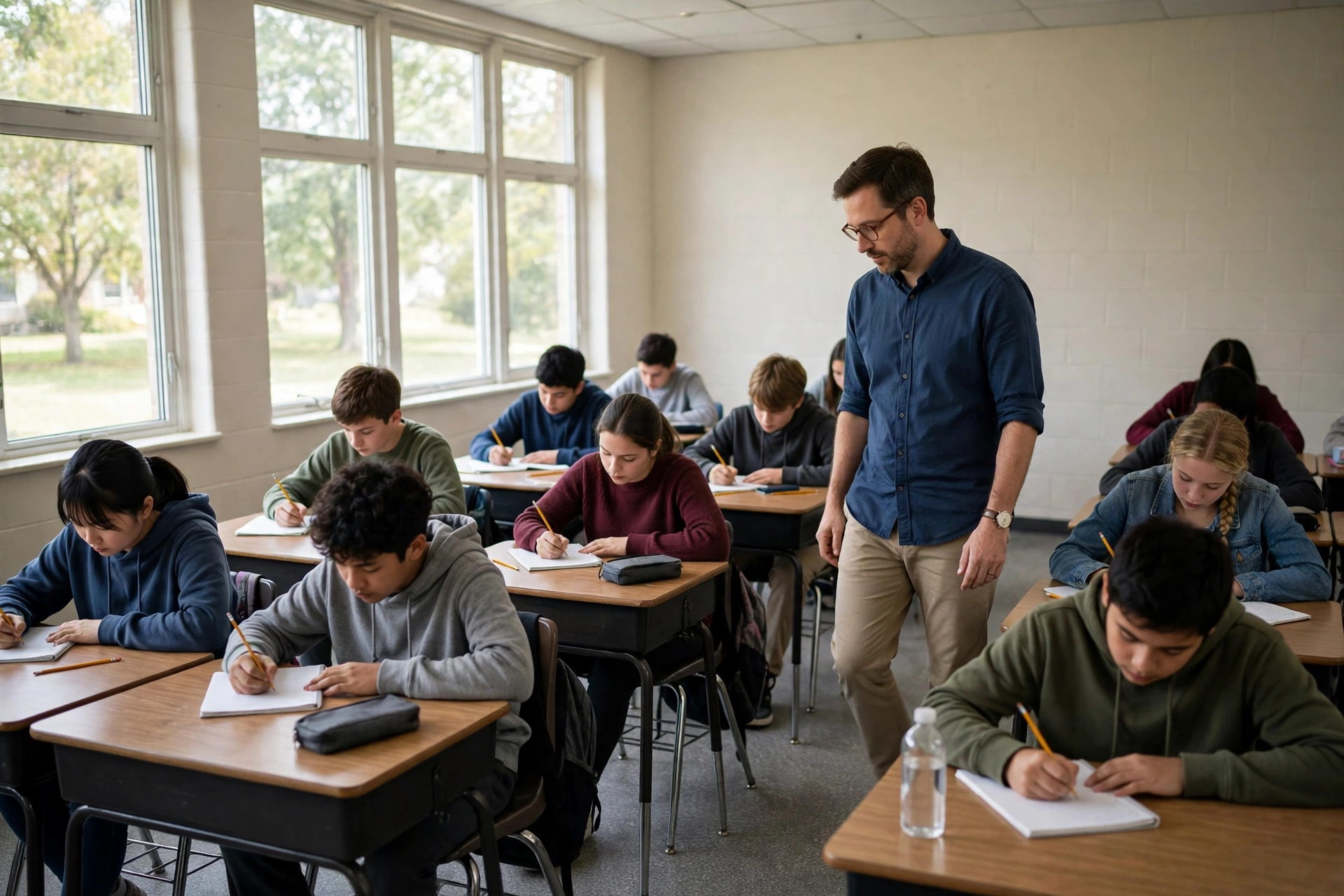 A teacher walking between the desks of his students in a classroom.