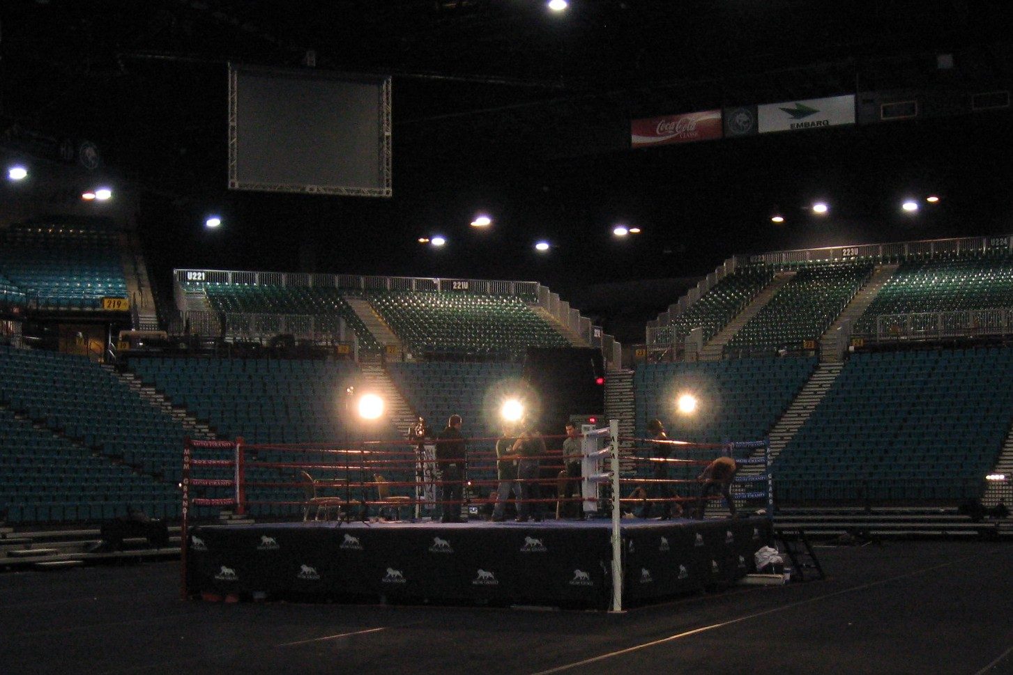 A boxing ring under the lights at the MGM Grand in Las Vegas.
